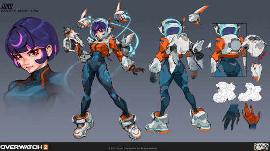 Controverse sur les skins Juno d'Overwatch 2 : concept art officiel de Juno, montrant différentes itérations de conception.