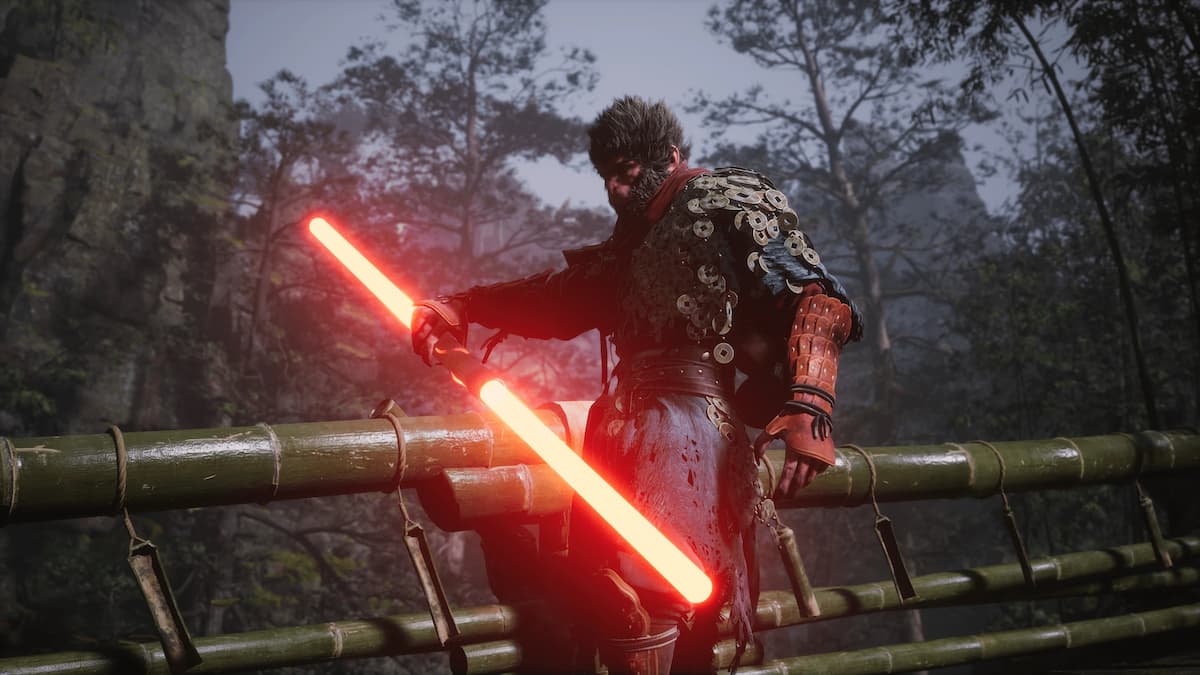 Image de Wukong utilisant un mod Double Lightsaber dans Black Myth: Wukong.