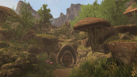 Carte du mod Skyrim Skywind : Une petite maison ressemblant à un cottage construite dans une falaise, entourée de gros champignons.