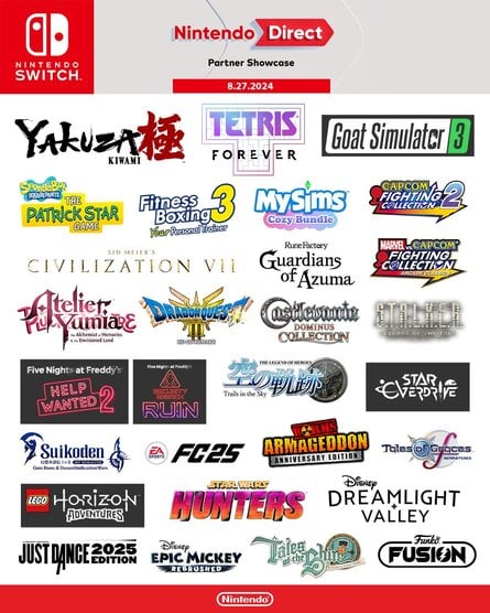 Infographie de la vitrine des partenaires Nintendo d'août 2024