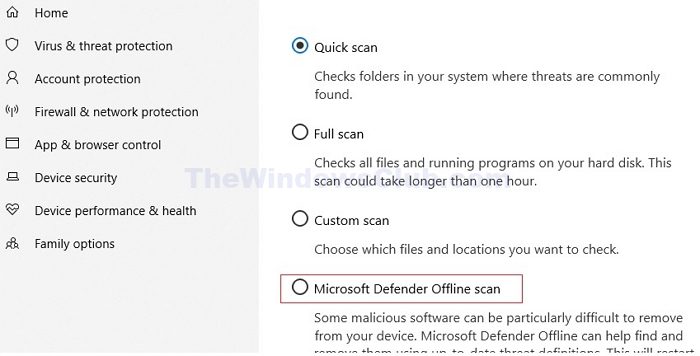 Options d'analyse de Windows Defender