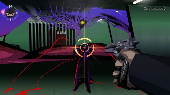 Capture d'écran de Killer 7 montrant un tir stylisé à la première personne sur une étrange figure démoniaque