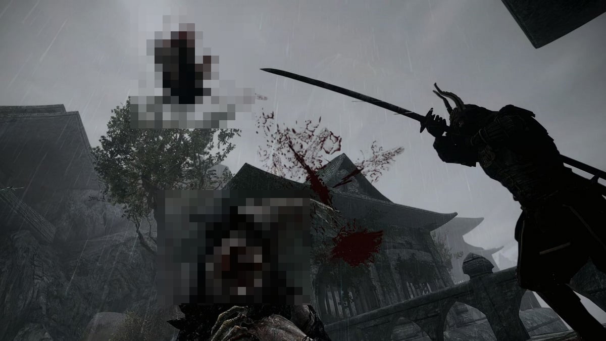 Skyrim: a pixelated image showing a head being chopped off by a sword.