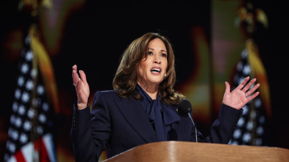 CHICAGO, ILLINOIS - AUGUST 22: Democratic presidential candidate U.S. Vice President Kamala Harris speaks on stage during the final day of the Democratic National Convention at the United Center on August 22, 2024 in Chicago, Illinois. Delegates, politicians, and Democratic Party supporters are gathering in Chicago, as current Vice President Kamala Harris is named her party