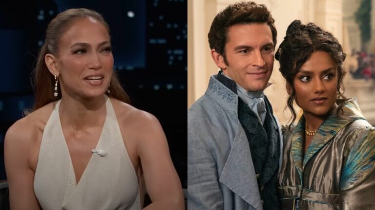 From left to right: A screenshot of JLo smiling on Jimmy Kimmel