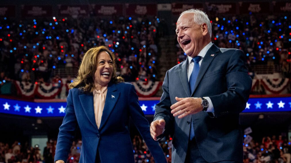 Democratic presidential candidate, U.S. Vice President Kamala Harris and Democratic vice presidential nominee Minnesota Gov. Tim Walz walk out on stage together during a campaign event on August 6, 2024 in Philadelphia, Pennsylvania. Harris ended weeks of speculation about who her running mate would be, selecting the 60 year old midwestern governor over other candidates.