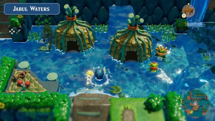 Capture d'écran de la bande-annonce de The Legend of Zelda: Echoes of Wisdom montrant le village Zora dans l'eau de Jabul avec des instruments de musique