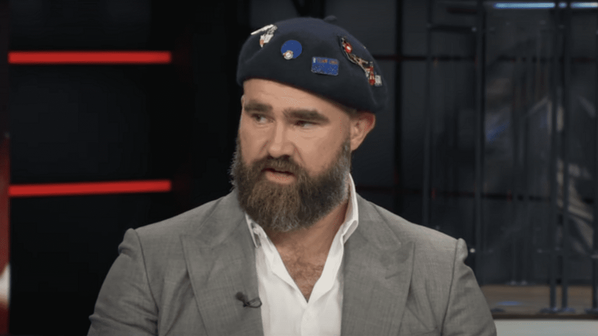 Jason Kelce wearing his beret on ESPN