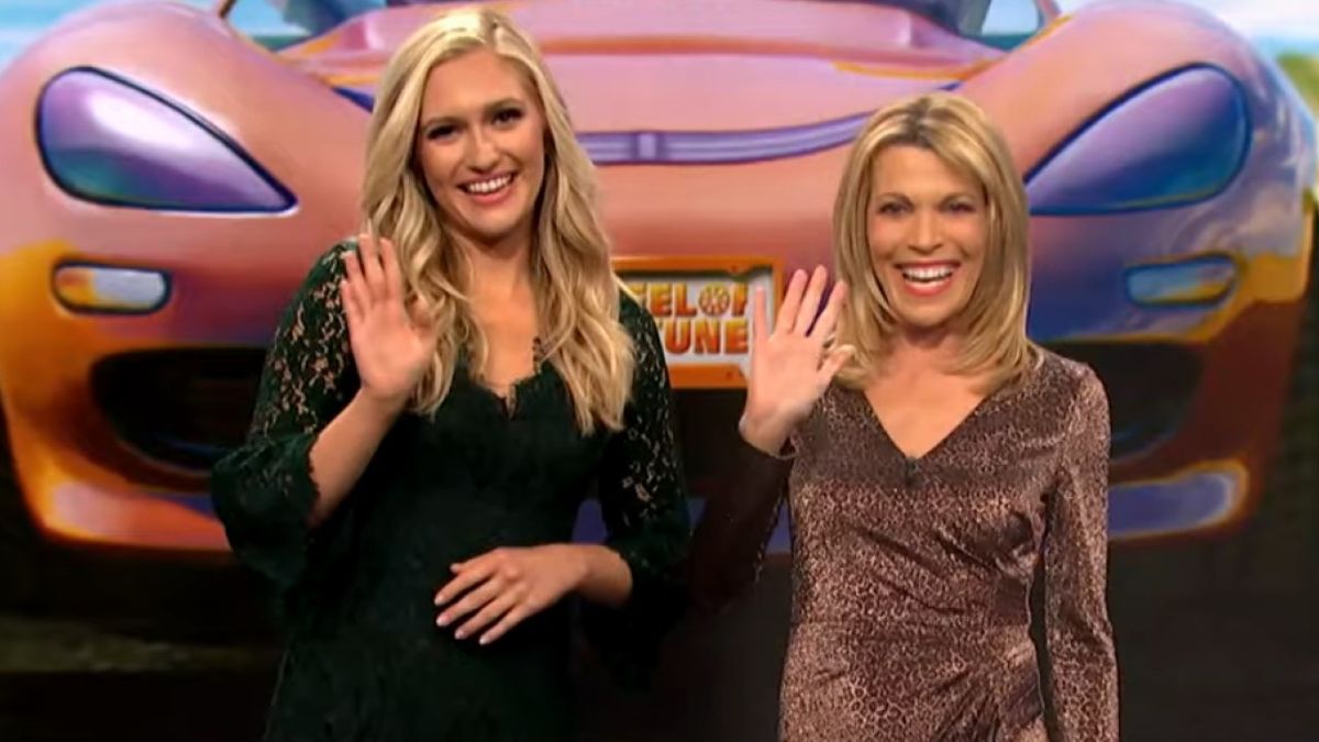 Maggie Sajak and Vanna White wave goodbye at the end of an episode of Wheel of Fortune. 