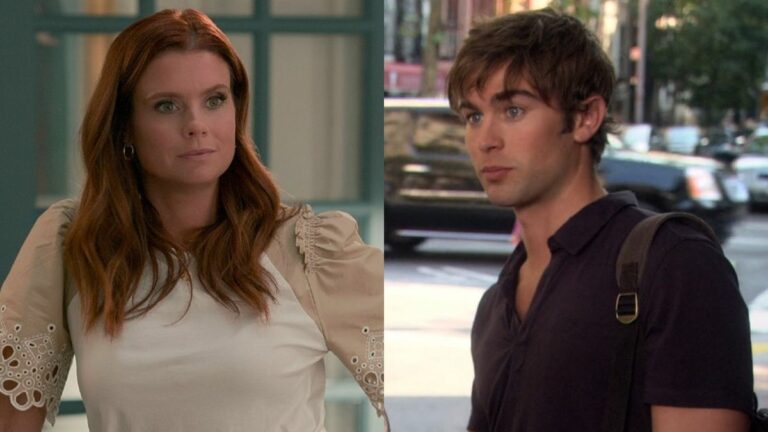 From left to right JoAnna Garcia Swisher in Sweet Magnolias standing with one arm on her hip and Chace Crawford in Season 4 of Gossip Girl looking to his left while standing on the street.