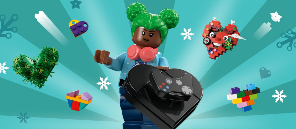 Une image officielle de LEGO Play. Elle montre une figurine noire aux cheveux verts attachés en chignons spatiaux. Elle tient un cœur en LEGO avec un accessoire de manette Lego en équilibre dessus. Autour d'elle se trouvent de nombreux cœurs fabriqués à partir de différentes pièces Lego