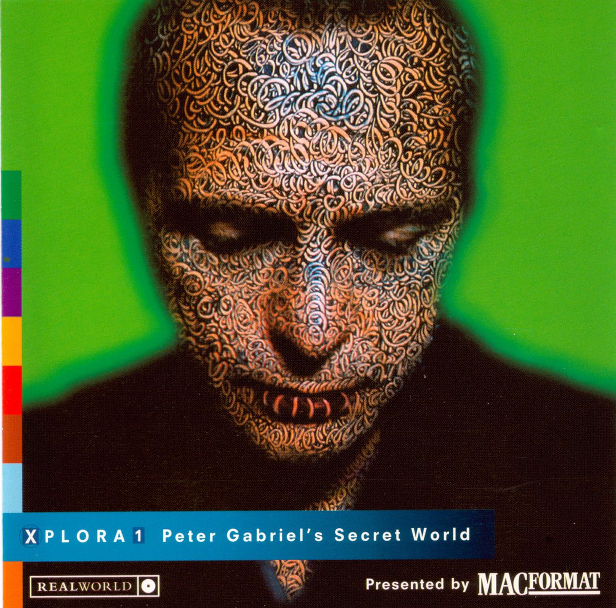 Illustration de couverture de Xplora 1 : Peter Gabriel's Secret World, présentant une image du visage de l'artiste avec les yeux fermés qui a été modifiée numériquement de telle manière que sa peau est couverte de tourbillons denses et étranges. 