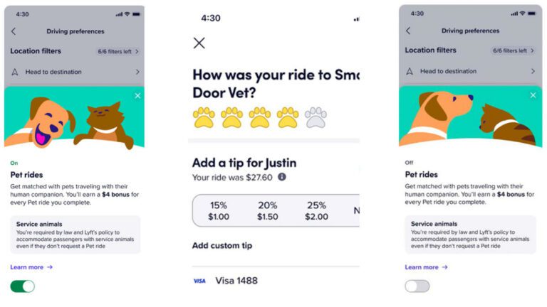 Le mode Pet de Lyft, qui tarde à venir, permet aux conducteurs de faire correspondre ceux qui voyagent avec leurs amis à quatre pattes