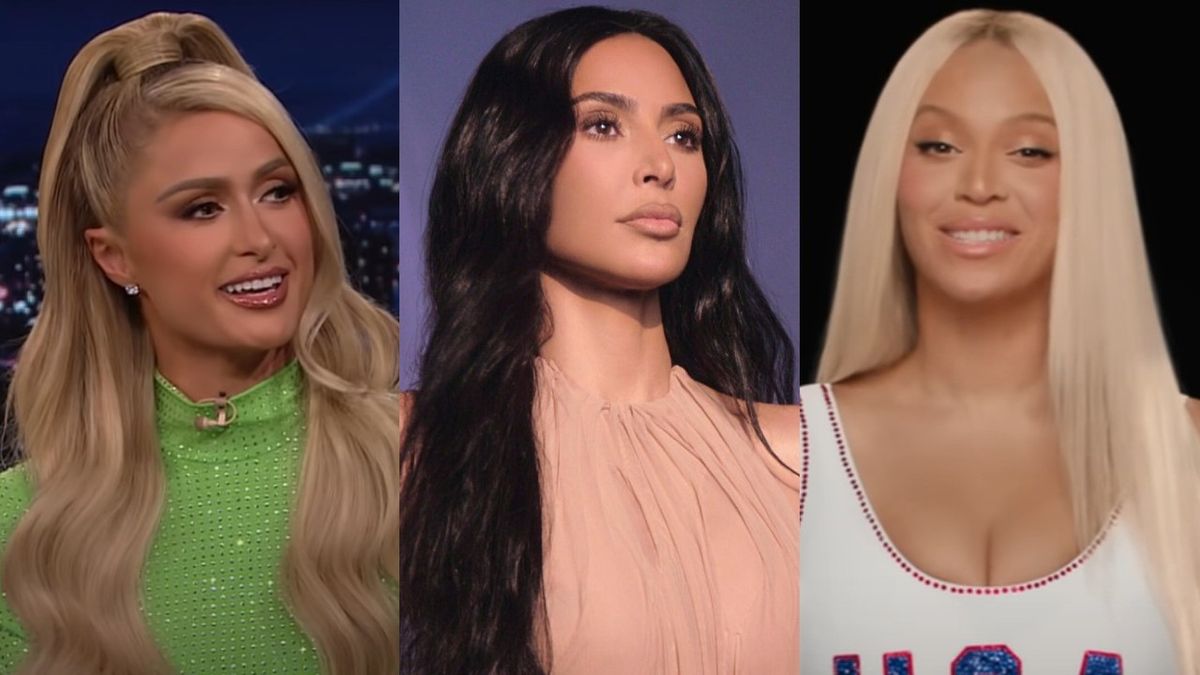 From left to right: A screenshot of Pairs Hilton smiling on The Tonight Show, Kim Kardashian looking to the right with a straight face in The Kardashians press photo and Beyonce smiling in NBC Olympics