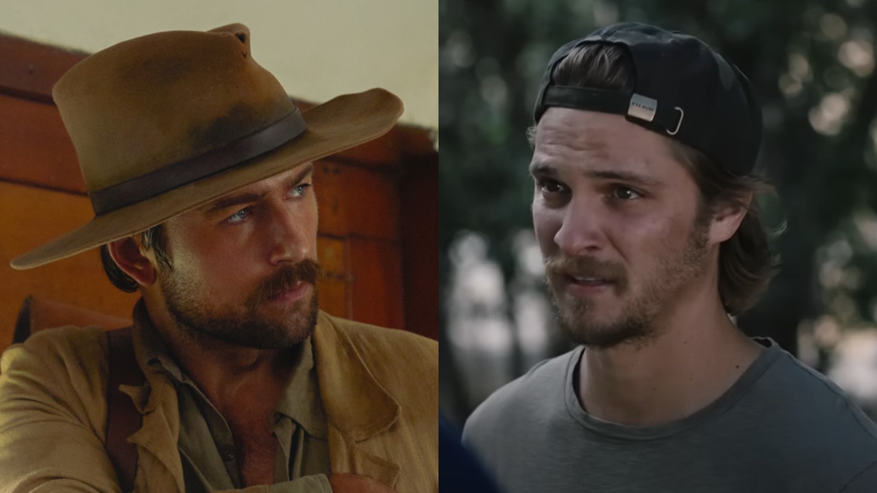 De gauche à droite : Brandon Sklenar avec un chapeau à large bord en 1923. Luke Grimes dans le rôle de Kayce portant une casquette à l'envers dans Yellowstone.