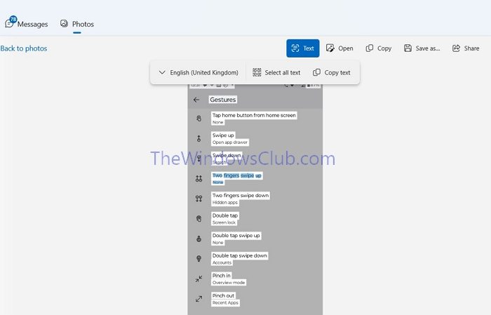 Copier du texte sur des photos depuis le téléphone sur l'application Phone Link sous Windows