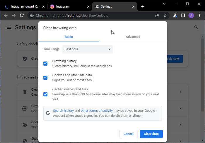 Correction de l'impossibilité de se connecter à Instagram en effaçant les caches et les cookies de Chrome