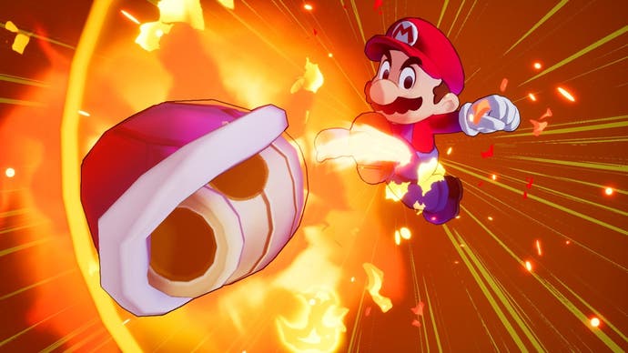 Capture d'écran de Mario & Luigi: Brothership montrant Mario tirant un obus rouge enflammé