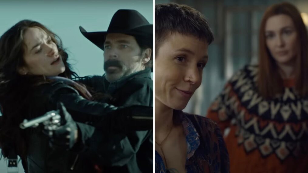 Melanie Scrofano as Wynonna Earp and Tim Rozon as Doc Holliday, and Dominique Provost-Chalkley as Waverly and Katherine Barrell as Nicole in 