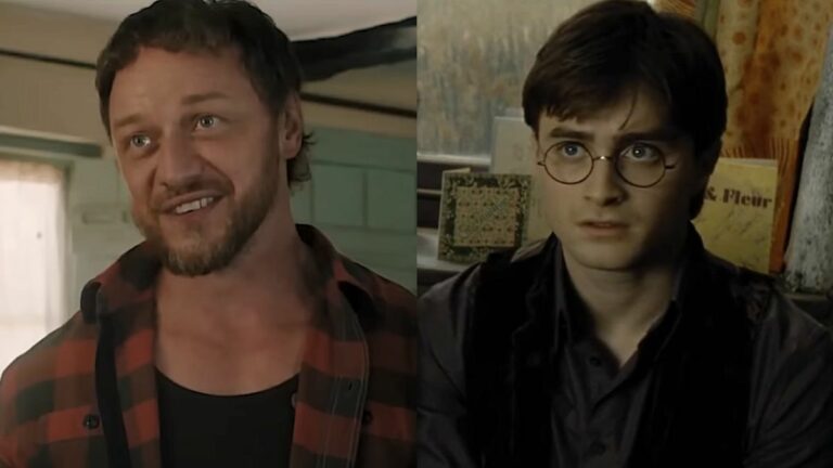 James McAvoy in Speak No Evil/ Daniel Radcliffe as Harry Potter in Harry Potter and the Deathly Hallows Part 1 (side by side)