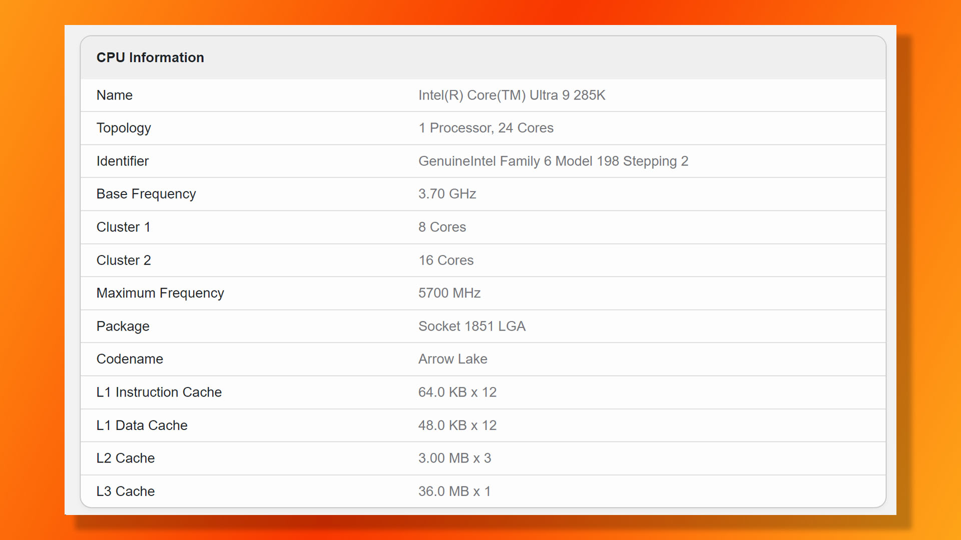 Fuite des spécifications du processeur Intel Core Ultra 9 285K Arrow Lake sur Geekbench