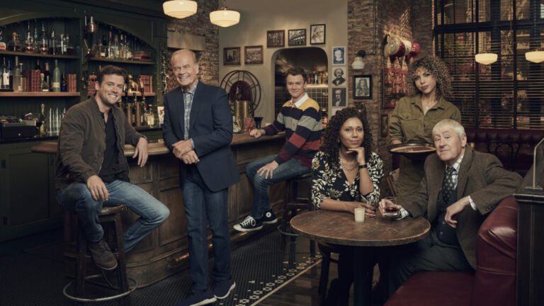 Jack Cutmore-Scott as Freddy Crane, Kelsey Grammer as Frasier Crane, Anders Keith as David Crane, Toks Olagundoye as Olivia, Jess Salgueiro as Eve and Nicholas Lyndhurst as Alan — 