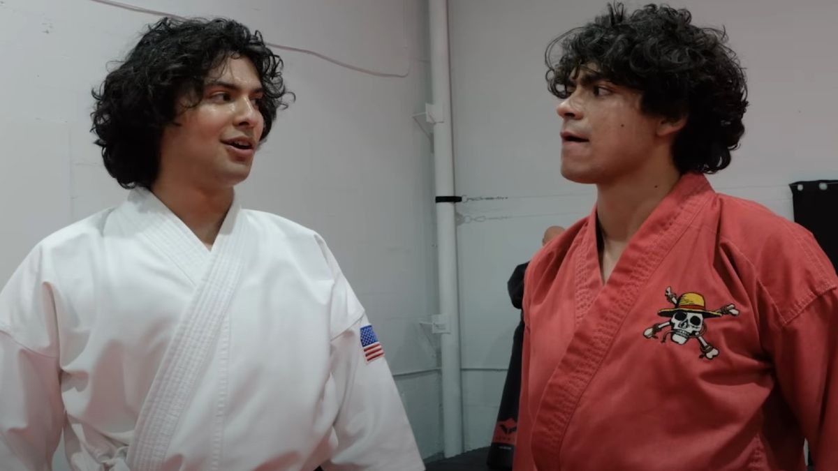 Xolo Maridueña and Iñaki Godoy talk after a training session in choreographed karate fight scenes