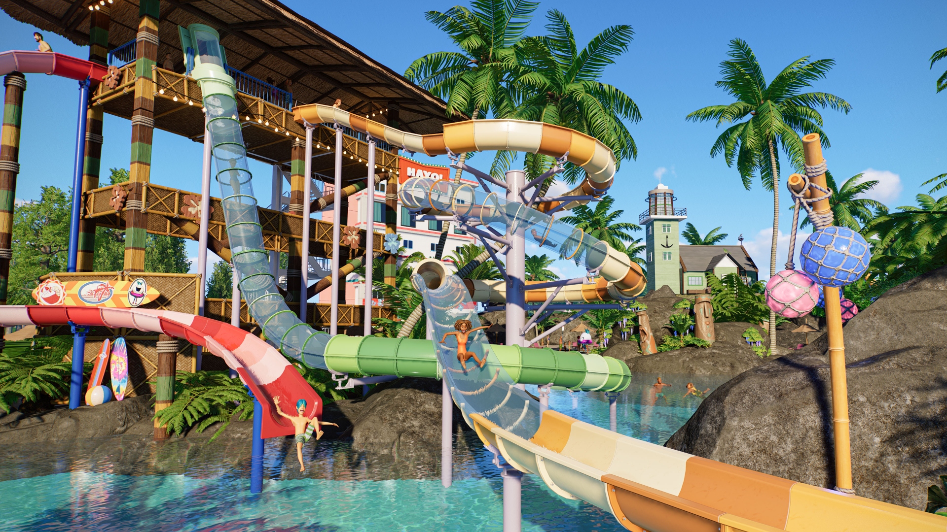 Jeu de stratégie Steam Planet Coaster 2 : une petite piscine et des toboggans dans le jeu de stratégie Planet Coaster 2