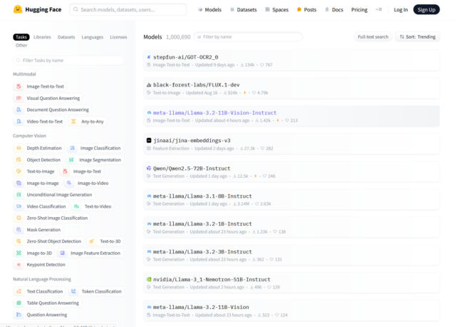 Une capture d'écran de la page des modèles Hugging Face capturée le 26 septembre 2024.