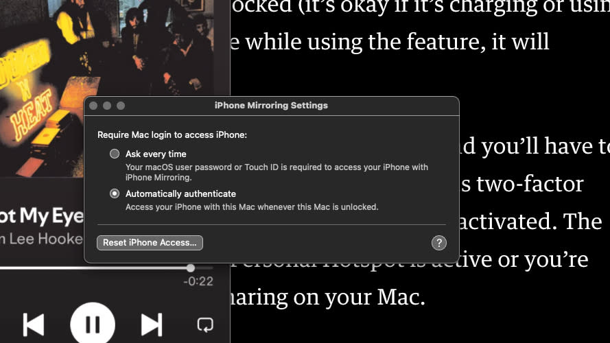 Capture d'écran macOS montrant la fenêtre des paramètres de l'application iPhone Mirroring.