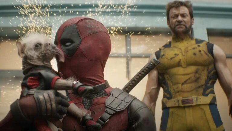 Wade Wilson gets licked by Dogpool as Logan watches in Deadpool &amp; Wolverine