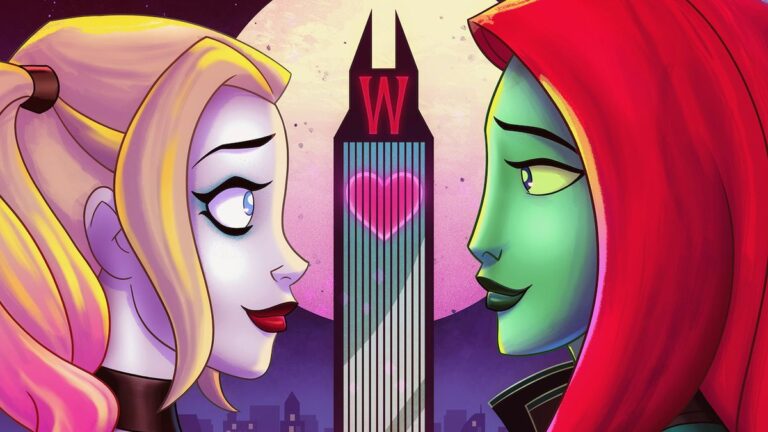 Harley Quinn and Poison Ivy locked eye contact as a heart lights up Wayne Tower in Harley Quinn's Valentine's Day special