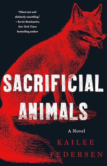 La couverture du roman Sacrificial Animals, avec une illustration de renard rouge vif sur fond noir