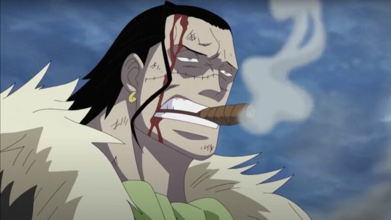 Crocodile smoking cigar while looking at Mihawk during One Piece's Marineford arc