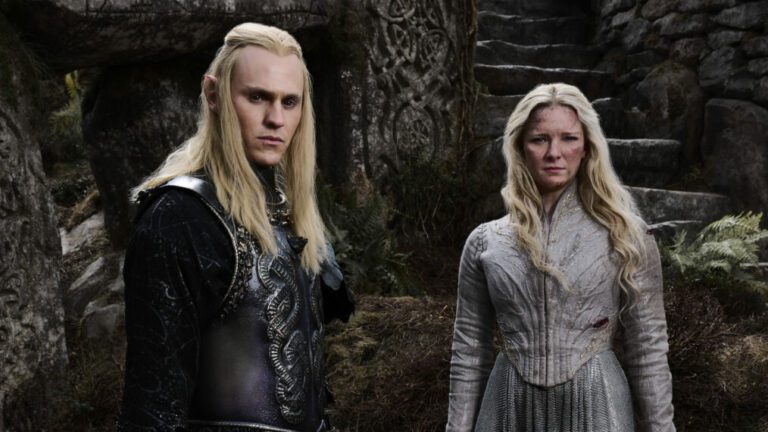 Charlie Vickers as Annatar/Sauron and Morfydd Clark as Galadriel in 