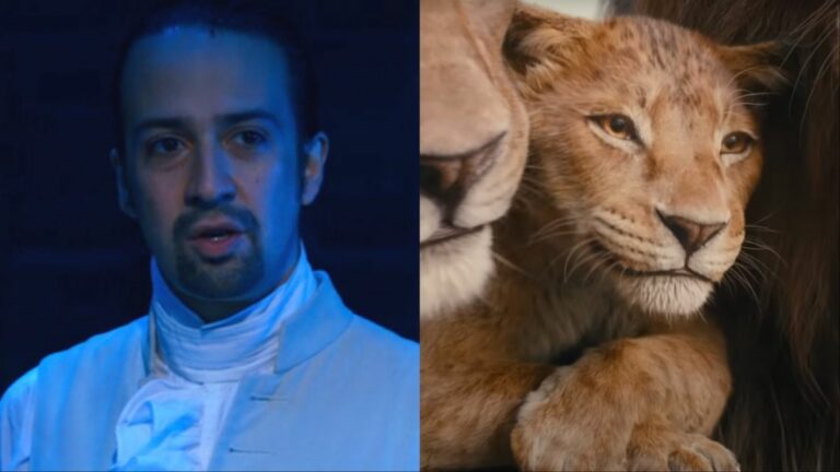 Lin-Manuel Miranda on stage in Hamilton and Mufasa trailer screenshot