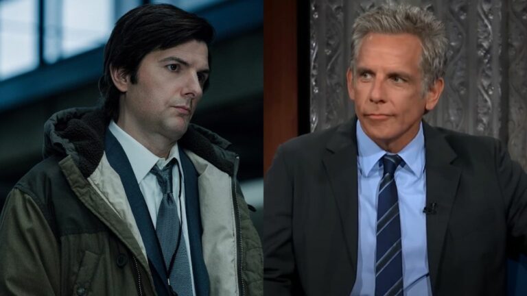 From left to right: Adam Scott in Severance with a blank expression and turned to his right and Ben Stiller looking to his left on The Late Show.