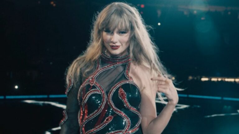 Taylor Swift looks into the camera while singing &quot;Delicate&quot; during the Reputation Era of her Eras Tour on the concert film Taylor Swift: The Eras Tour (Taylor's Version).