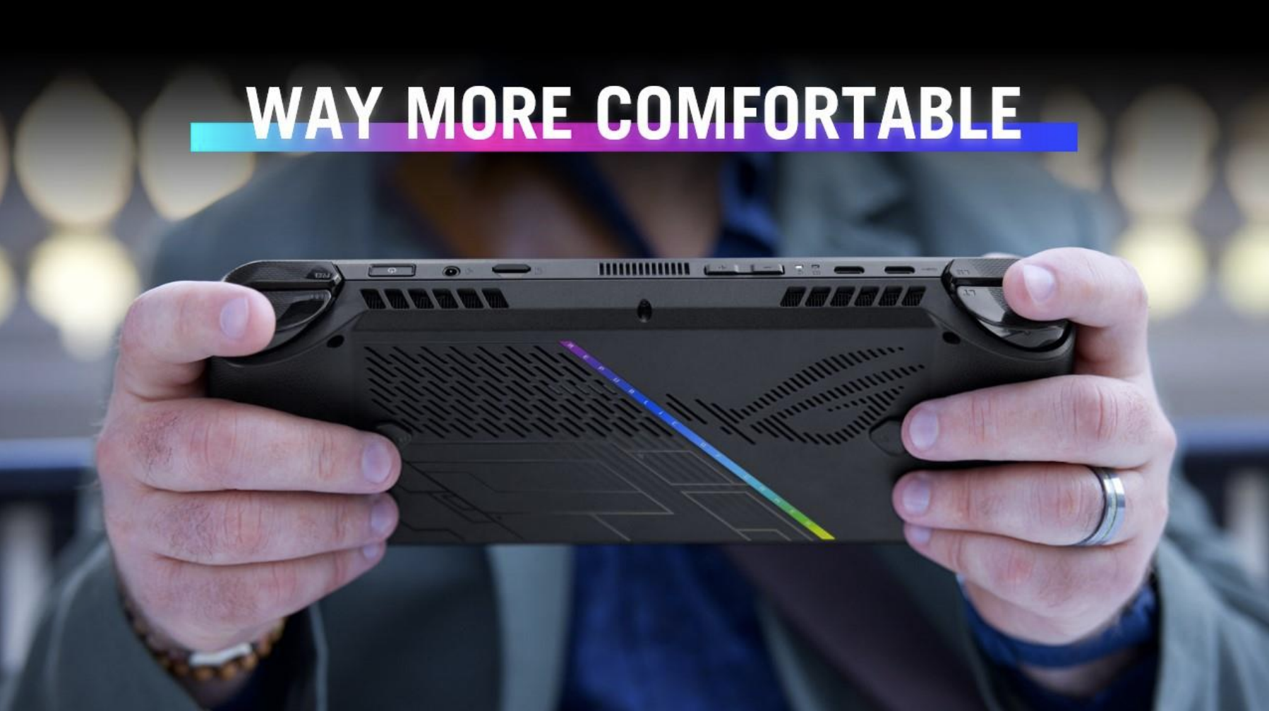 Normalement, je n'utiliserais pas ce genre d'image avec un texte descriptif intégré, mais Asus a raison : le ROG Ally X est en effet bien plus confortable (peut-être pas tout en majuscules).