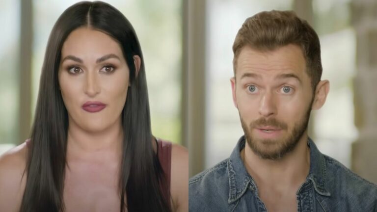 Nikki Bella and Artem Chigvintsev speak during confessionals on Total Divas