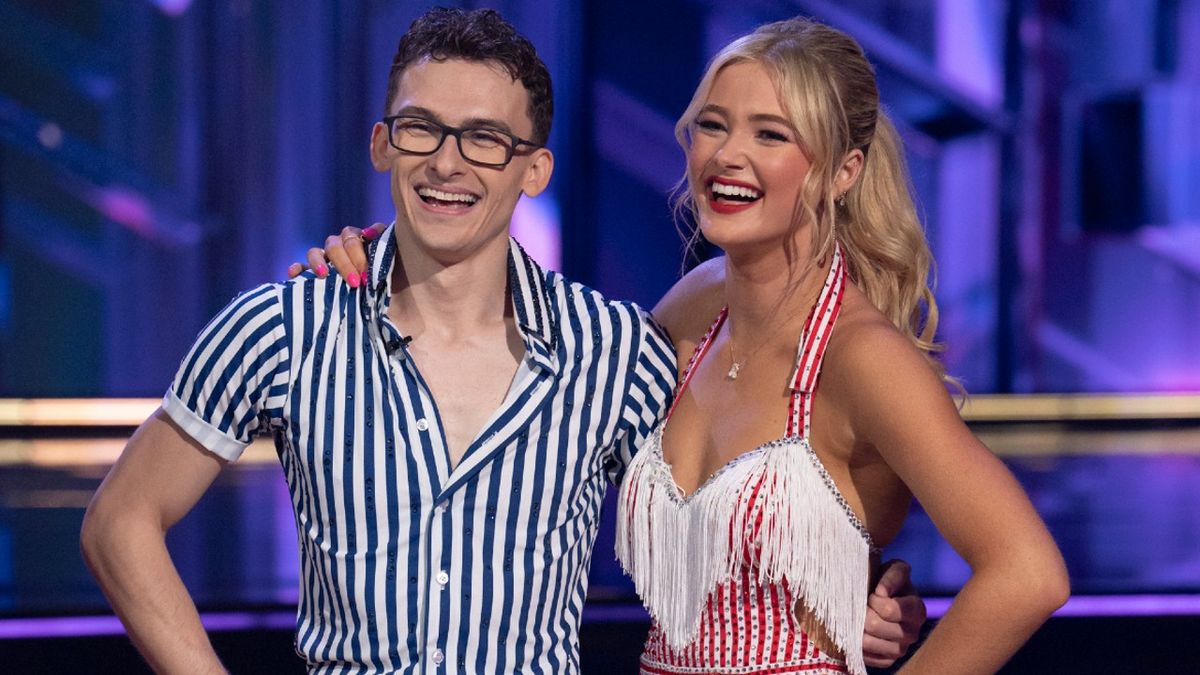 Stephen Nedoroscik and Rylee Arnold standing arm in arm and smiling on Dancing with the Stars.