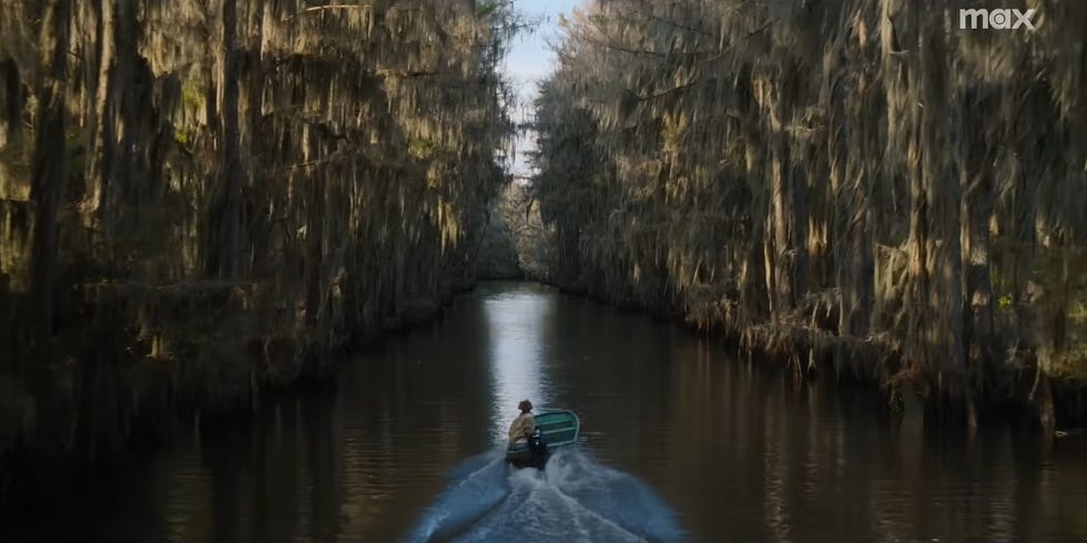 remorque du lac caddo, une personne est assise sur un bateau et traverse un lac entouré d'arbres