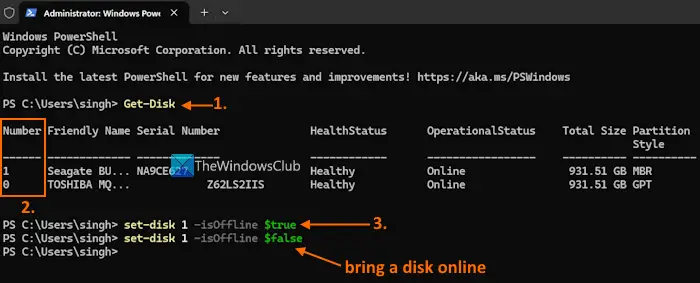 mettre le disque hors ligne du terminal Windows