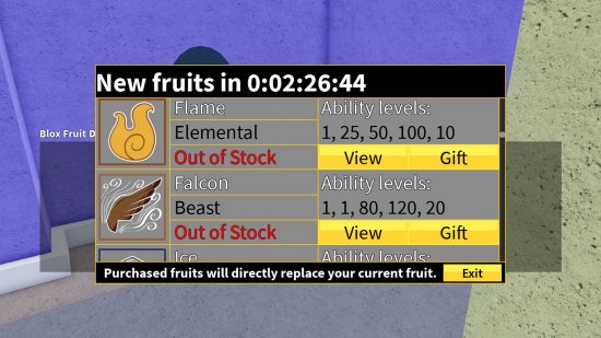 La page de stock de Blox Fruits montrant deux fruits en rupture de stock.