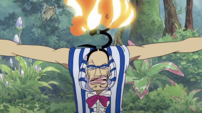 Mr. 3 using his Wax-Wax powers, with his 3 hairstyle on fire, in One Piece anime