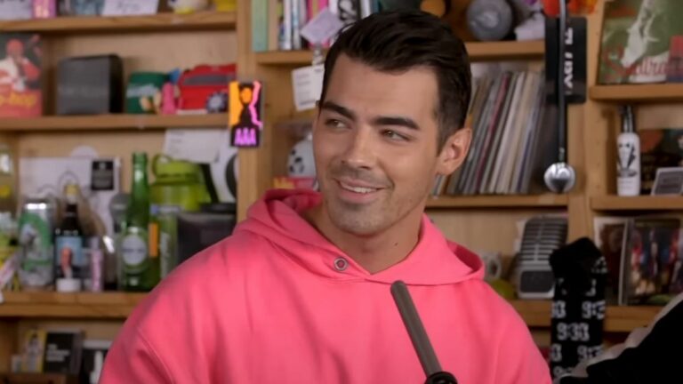 Joe Jonas during a Jonas Brothers performance for Tiny Desk in 2019 at NPR.