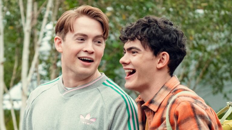 Kit Connor and Joe Locke laughing in Heartstopper Season 3