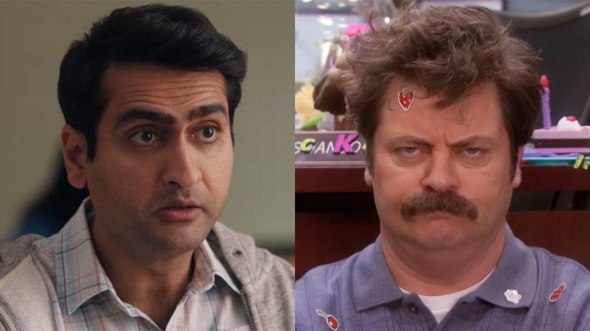 Side by side of Kumail Nanjiani and Nick Offerman staring.