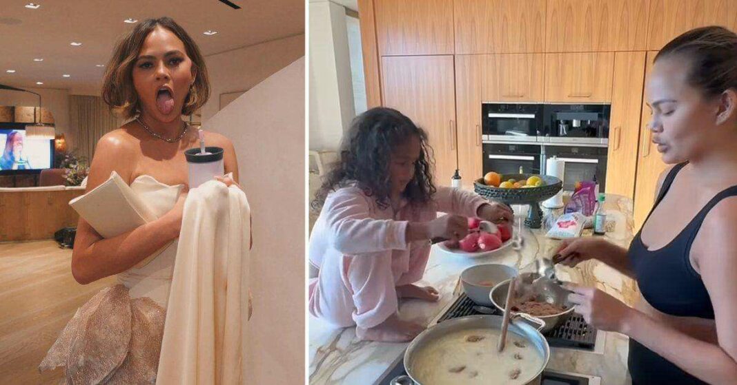 Chrissy Teigen sous le feu des critiques : sa fille Luna, 8 ans, pose ses pieds nus sur le plan de travail de la cuisine pendant la préparation des repas